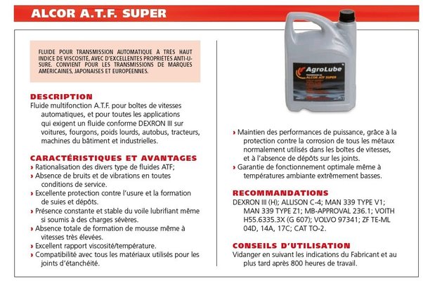 PIECES TRACTEUR PAG* - LUBRIFIANTS* - HUILE ALCOR SUPER ATF TRANSMISSION AUTOMATIQUE 5L Landini
